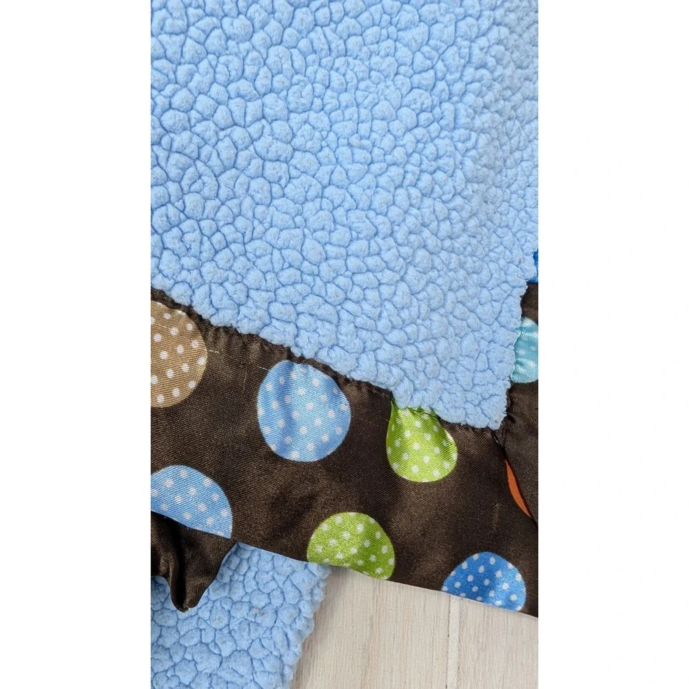 Baby boom Baby Blanket Blue Sherpa Fleece Brown Polka Dot Satin Trim USED